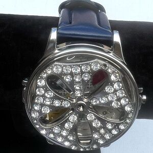 Geneva World Time Watch Blue Leather Strap‎ Rhinestone Cover Japan Movt